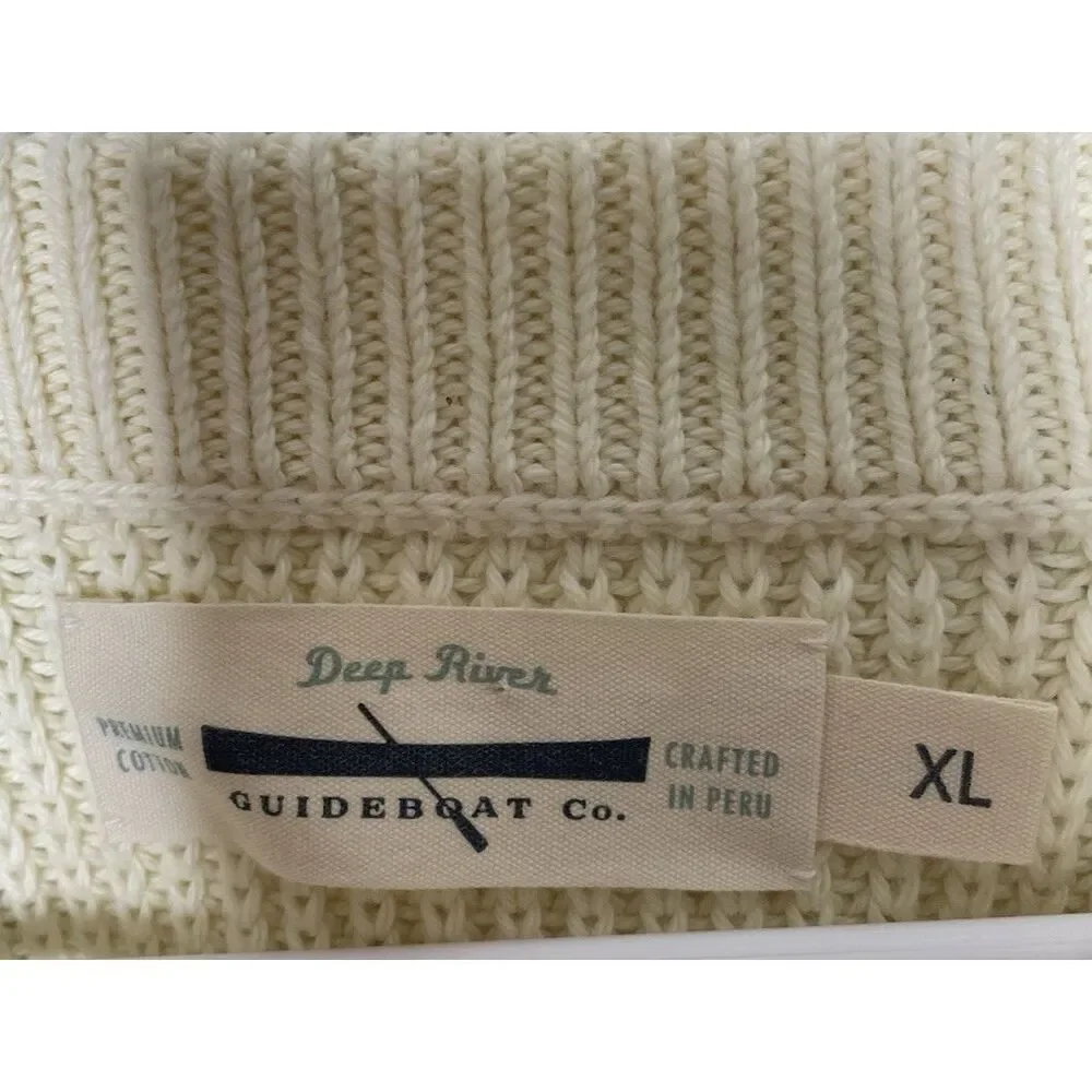 Guideboat Co Size XL 100% Cotton Fisherman Men's Sweater V Neck Ivory